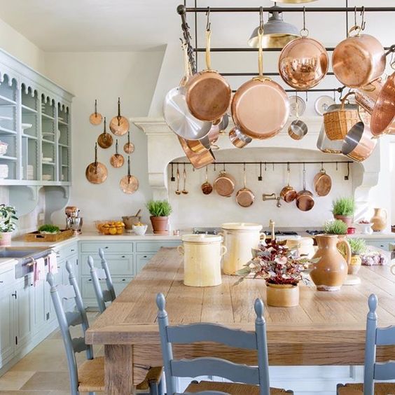 French kitchen with copper pots in Provence.