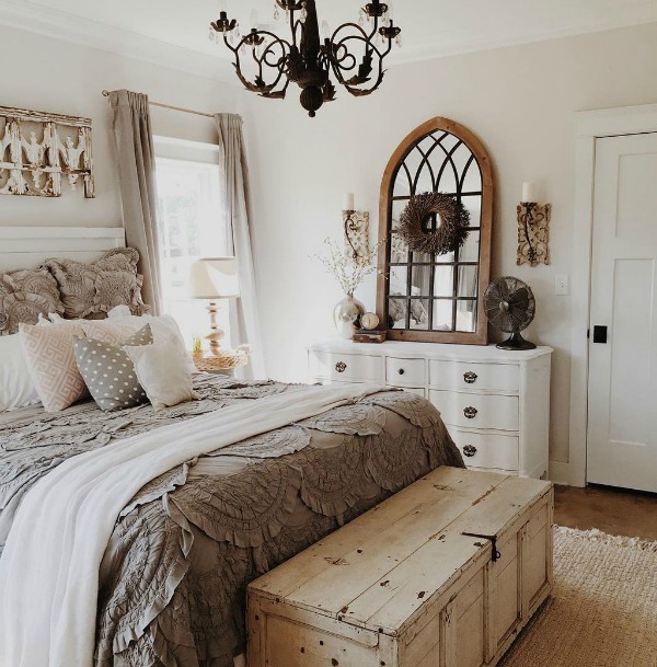 Sherwin Williams Elder White paint color on walls of bedroom designed by Brittany York. #cottagestyle #cottagebedroom #rusticdecor