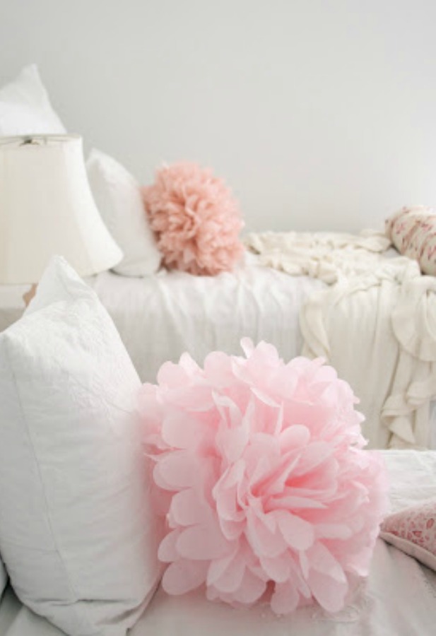 Pink tissue poufs in shabby chic white girls bedroom - Dreamy Whites. #pink #girlsbedroom #tissuepaper #dreamywhites