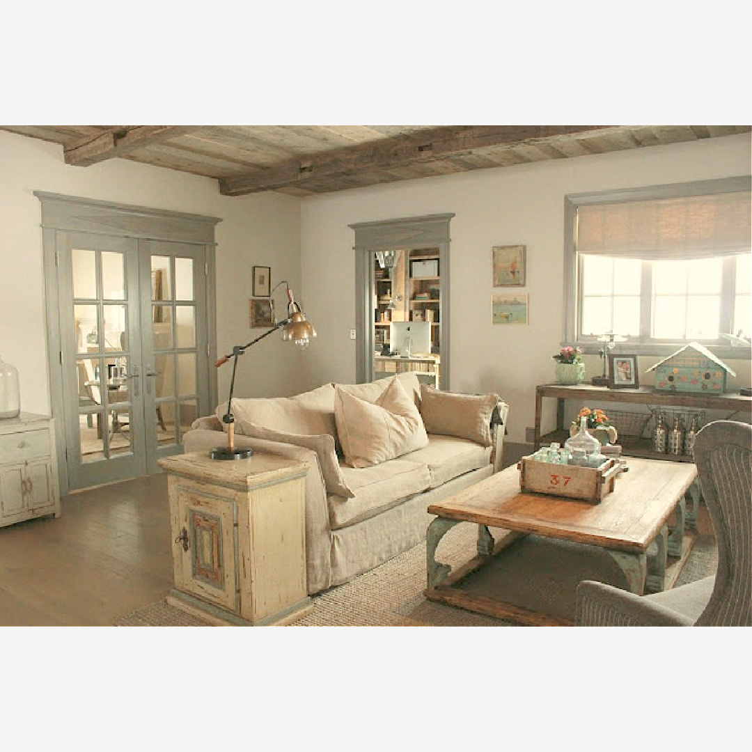 Den in rustically elegant European country cottage - Desiree of Beljar Home and DecordeProvence. #europeancountry #cottagestyleinteriors