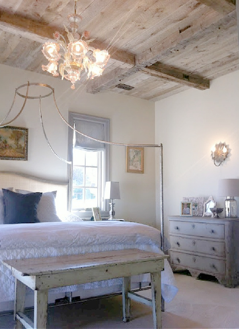 Bedroom in rustically elegant European country cottage - Desiree of Beljar Home and DecordeProvence. #europeancountry #cottagestyleinteriors