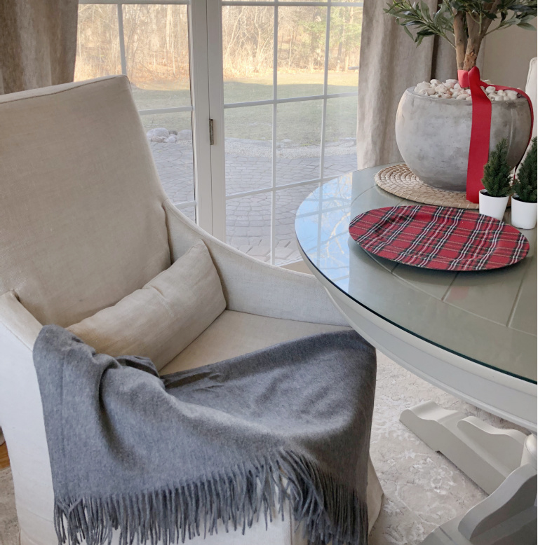 Luxurious, comfy and sophisticated this cashmere throw (Italic) is stylish in heather gray against the Belgian linen upholstered arm chair - Hello Lovely Studio. #cashmere #cashmerethrow