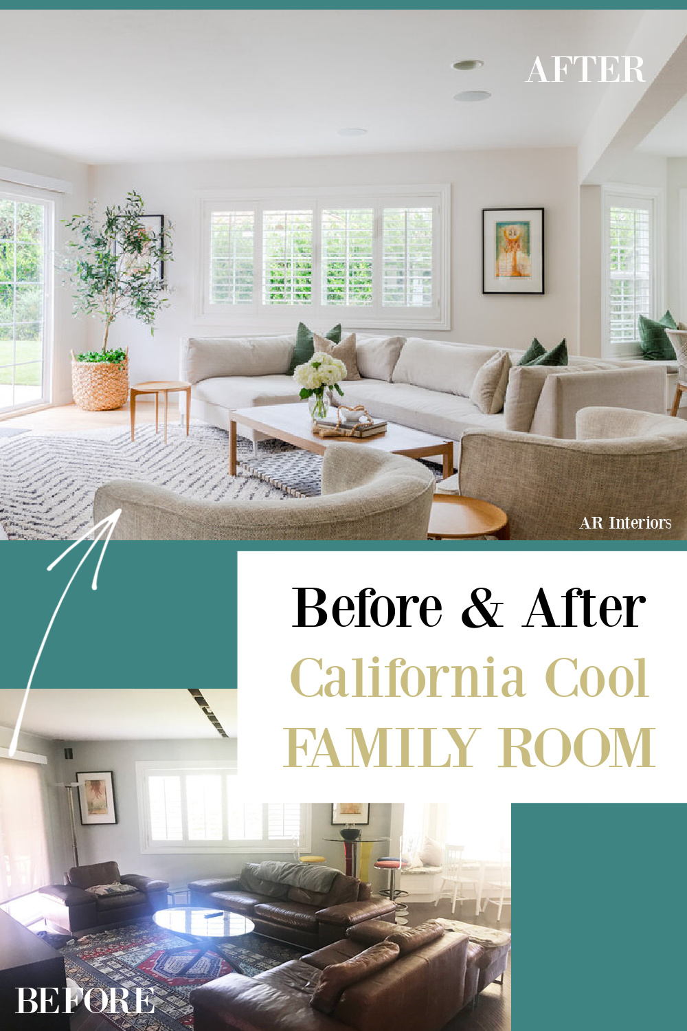 Before and after California cool family room with Belgian linen furniture - AR Interiors (Anna Rosemann). #familyrooms #modernfrench