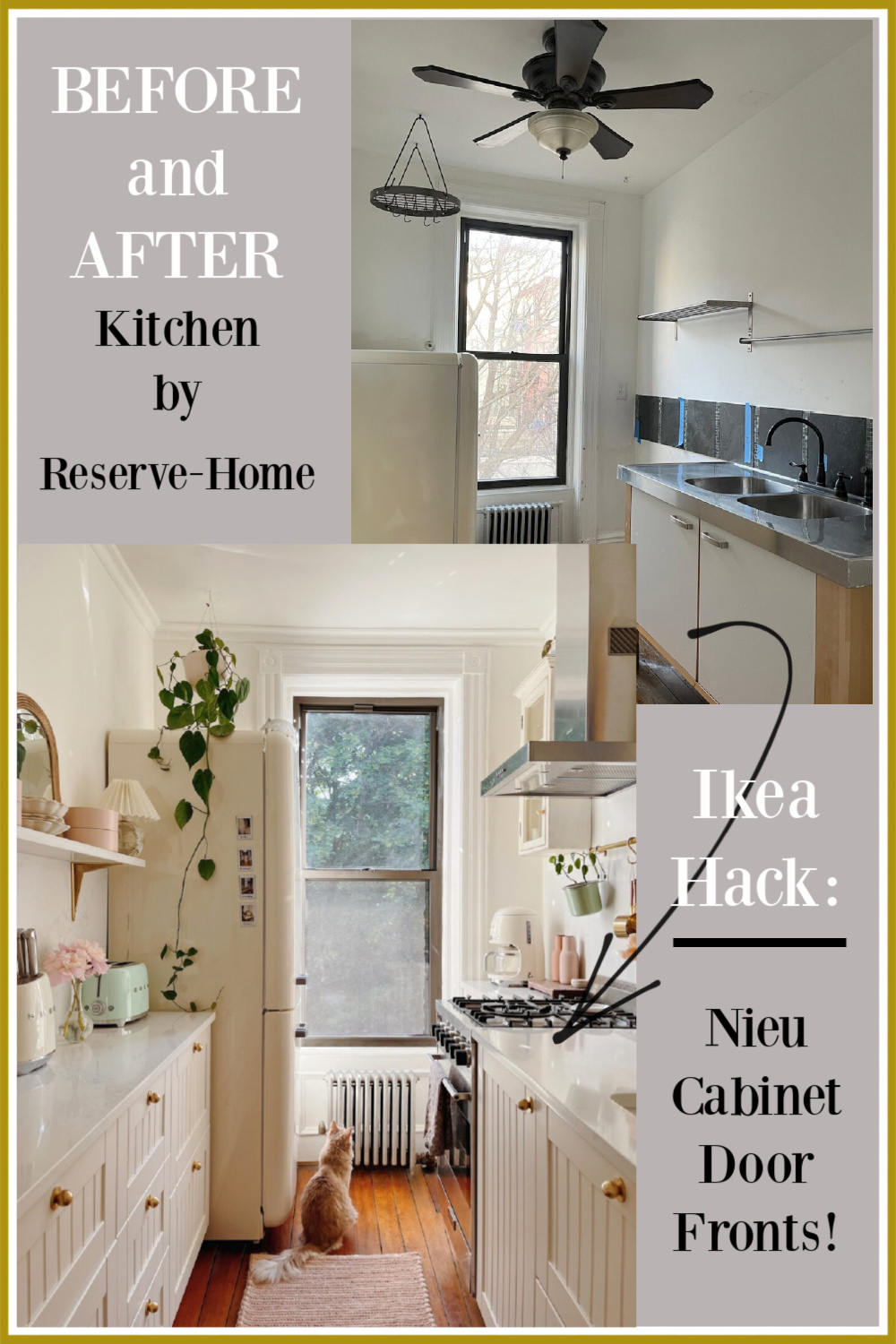 Ikea hack: cabinet door fronts from NIEU for a customized cottage look in a Brooklyn Brownstone kitchen by ReserveHome. #ikeahack #kitchendesign #kitchencabinets #cabinetrefacing