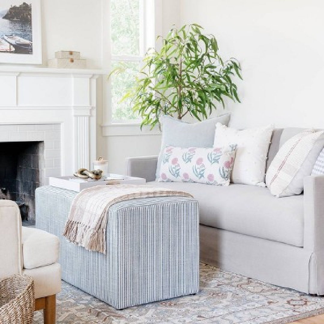 Living room with soft blue and neutrals - Studio McGee and Threshold for Target. #studiomcgee #livingroomfurniture