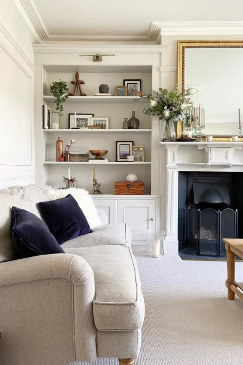 Cornforth White Walls English Living Room With Fireplace Farrow Ball @100yearsinthemaking 800x1199 