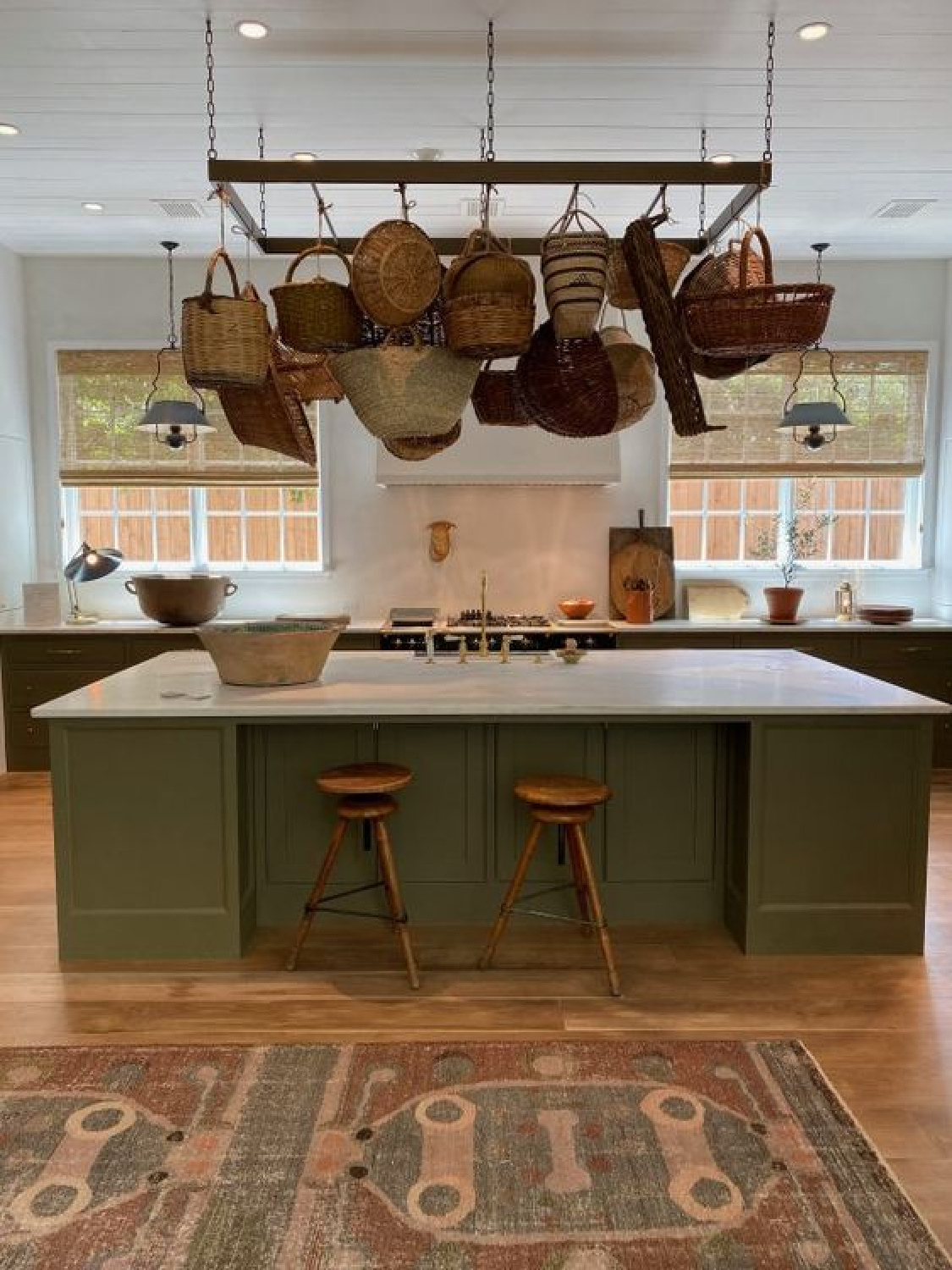 Benjamin Moore Gettysburg Gray kitchen island in 2020 Milieu Designer Showhouse. Shannon Bowers brought baskets, European antiques, patina, understated elegance, and sophisticated simplicity. #shannonbowers #timelessinteriors