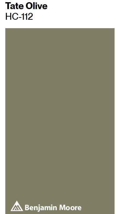 Benjamin Moore Tate Olive green paint color swatch. #benjaminmooretateolive #olivepaintcolors