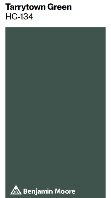 Benjamin Moore Tarrytown Green paint color swatch. #benjaminmooretarrytowngreen #darkgreenpaintcolors