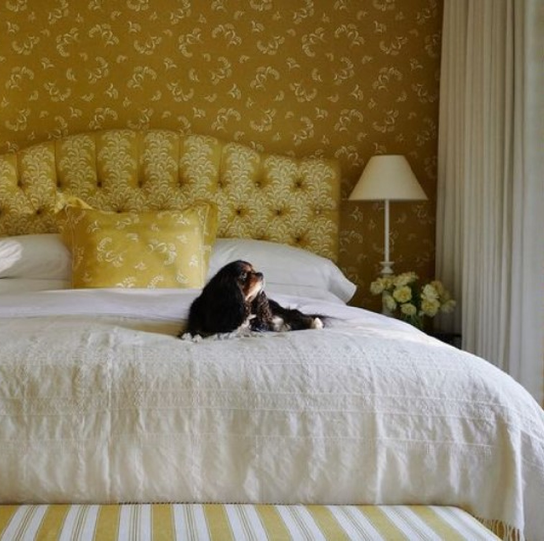 Yellow Hamptons bedroom with traditional style from Mark D. Sikes inside FOREVER BEAUTIFUL (Rizzoli, 2024). #yellowbedrooms 