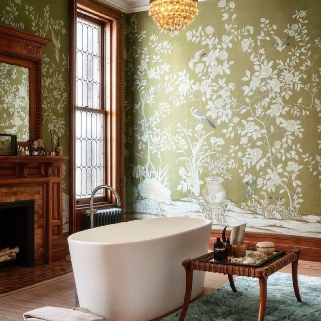 Luxurious bath with soaking tub and deGournay wallcovering - @jpwarreninteriors. #degournay