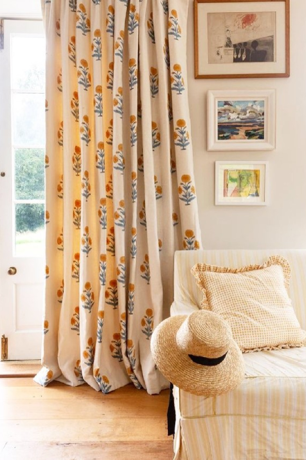 Beautiful block printed drapes in a sunny living room with charming country style - @mollymahonblockprinting