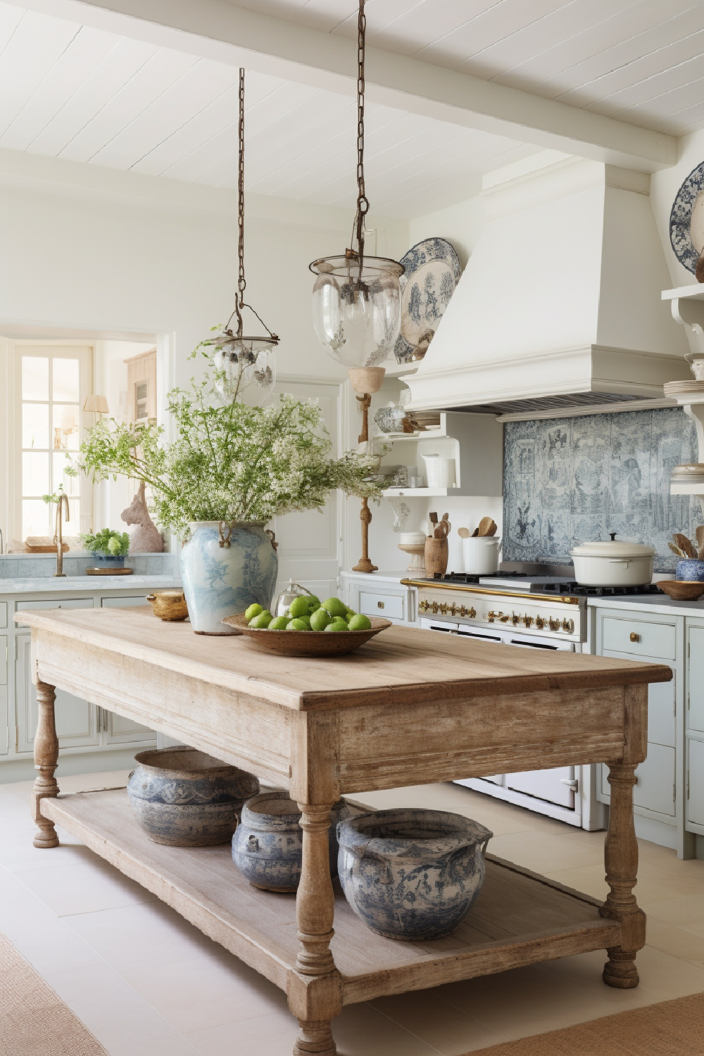 Ai designed French country kitchen with blue backsplash tile and rustic elegant wood work table island - Farmhouse Living. #aikitchen #frenchcountrykitchen