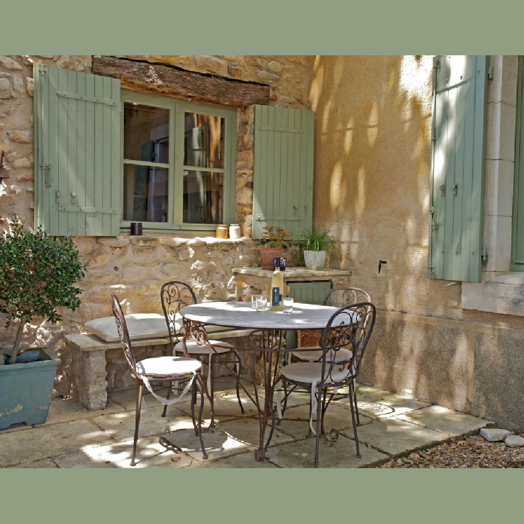 French green shutters on a charming Provence farmhouse with Old World style gardens and interiors - Bonnieux Villa (Your Haven in Paris).