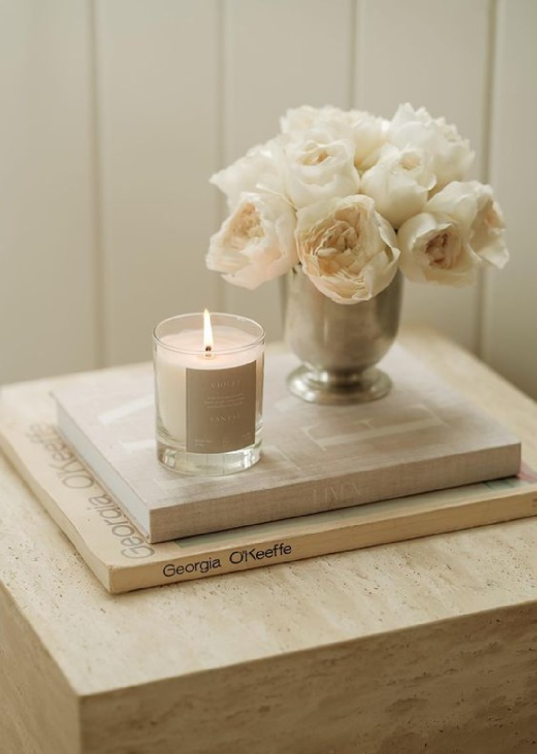 Pale blush roses and canlde - Jenni Kayne Oak Essentials.