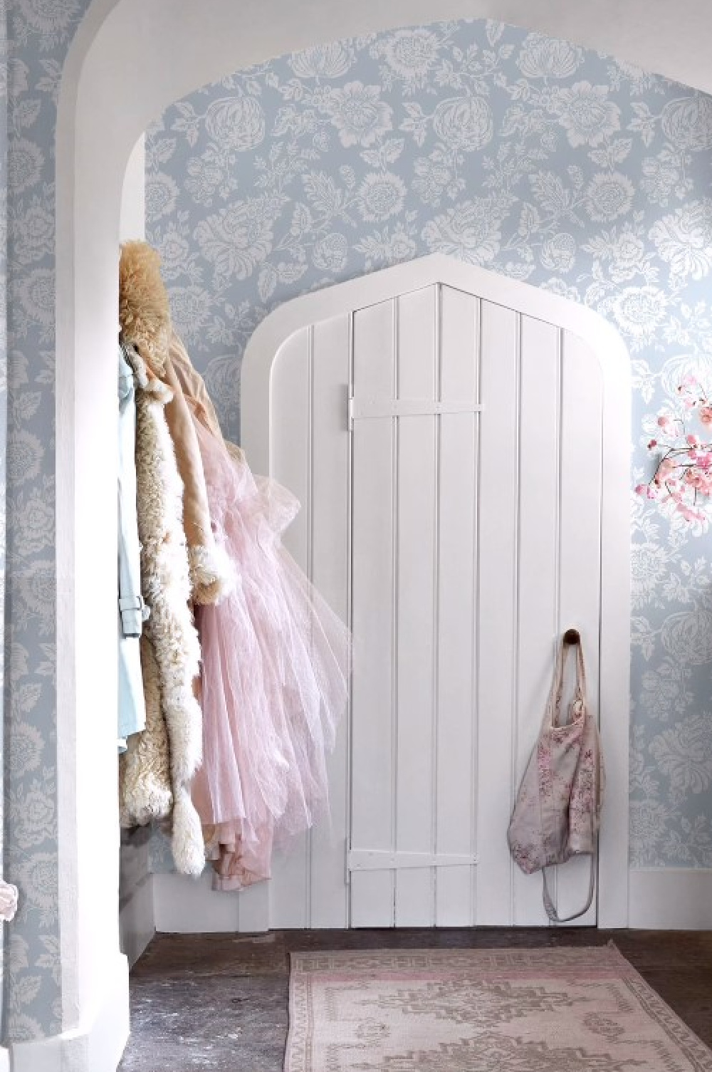 Beautiful blue Shabby Chic Couture wallpaper in an English country home with Gothic arch door. #shabbychiccouture