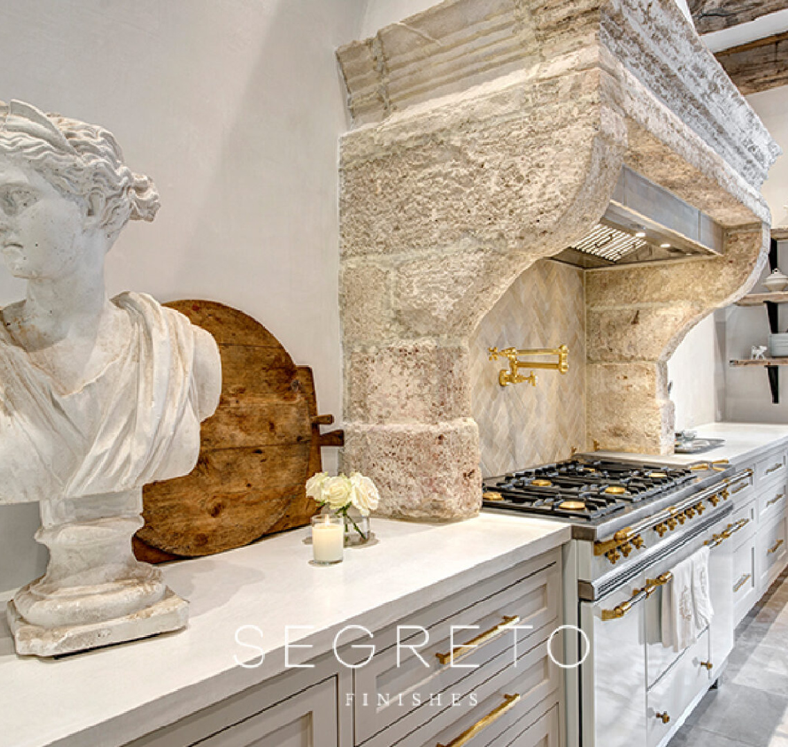 Segreto Finishes French country kitchen with antiques and bespoke design details.