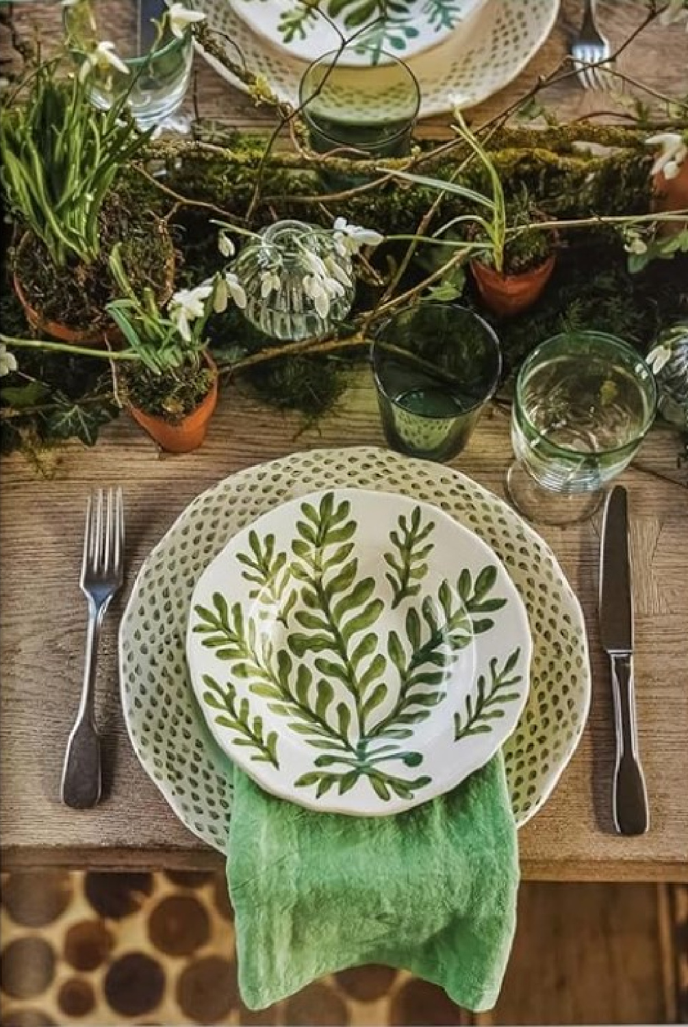 English country placesetting with organic elements and green - from Daylesford Living by Carole Bamford (Vendome, 2024) - photo by Martin Morrell.