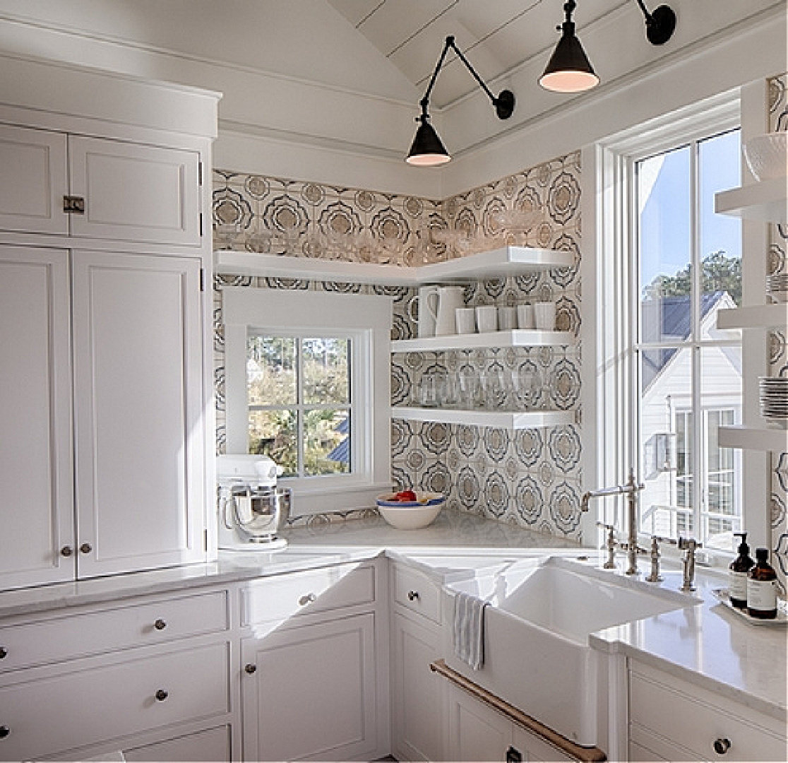 Shaker style white kitchen in a coastal property with shiplap and open shelving - Lisa Furey Interiors.