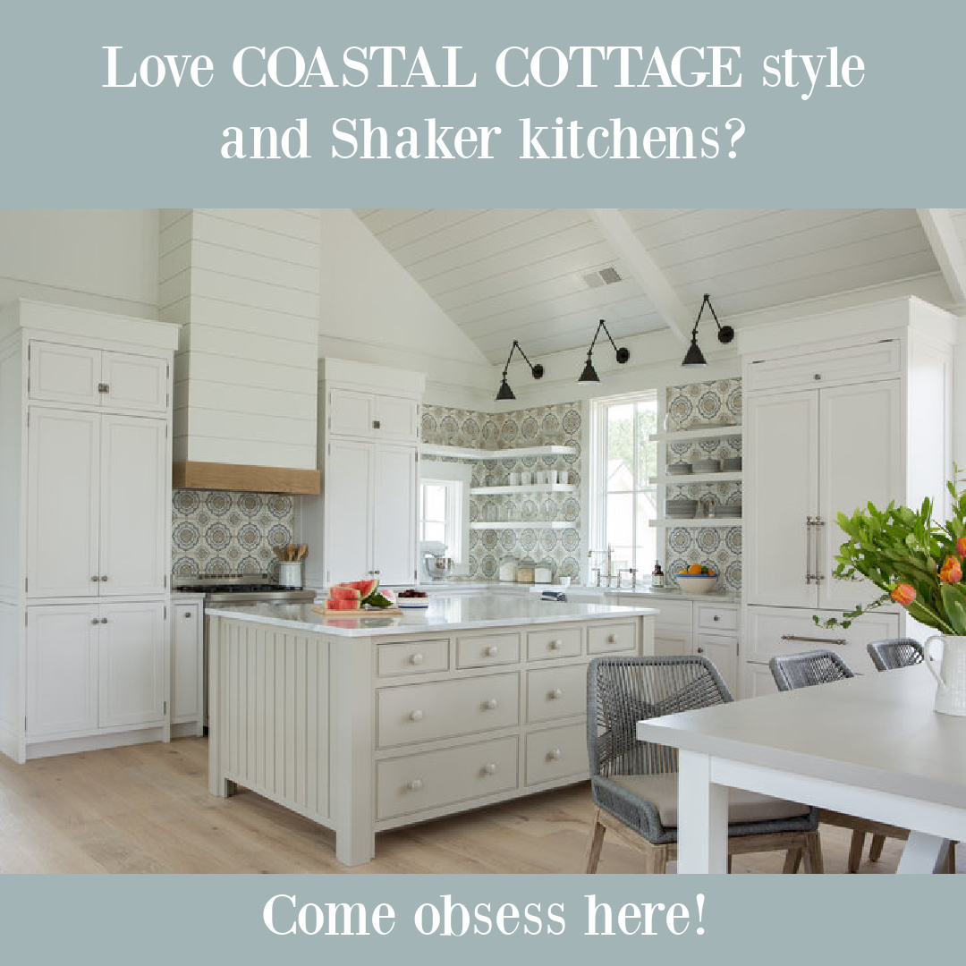 White shiplap, floating shelves, and a gorgeous blue handmade backsplash in a coastal cottage kitchen by Lisa Furey.