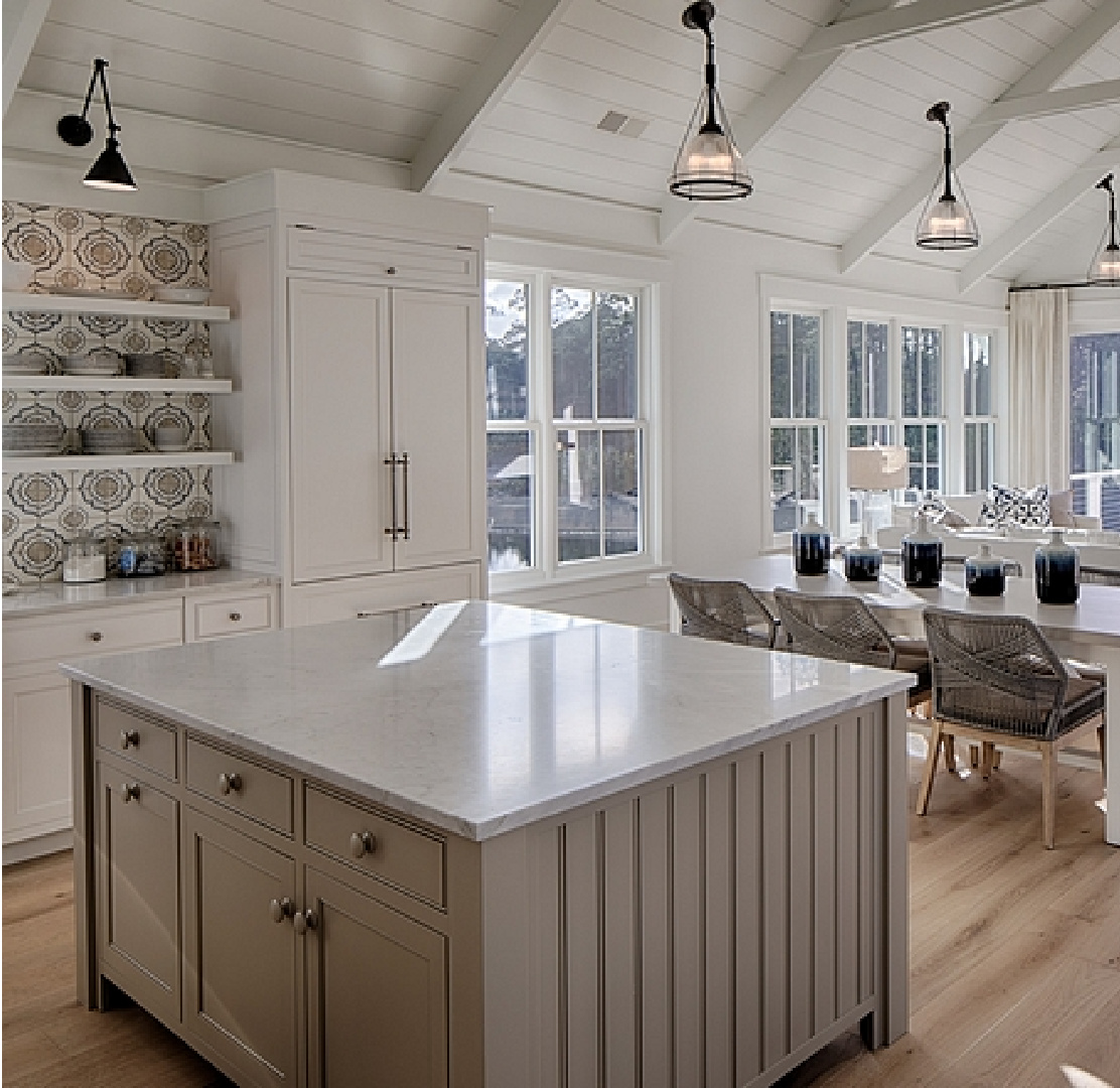 Coastal great room with shiplap, Shaker style kitchen, island, and white oak hardwood flooring - Lisa Furey Interiors.