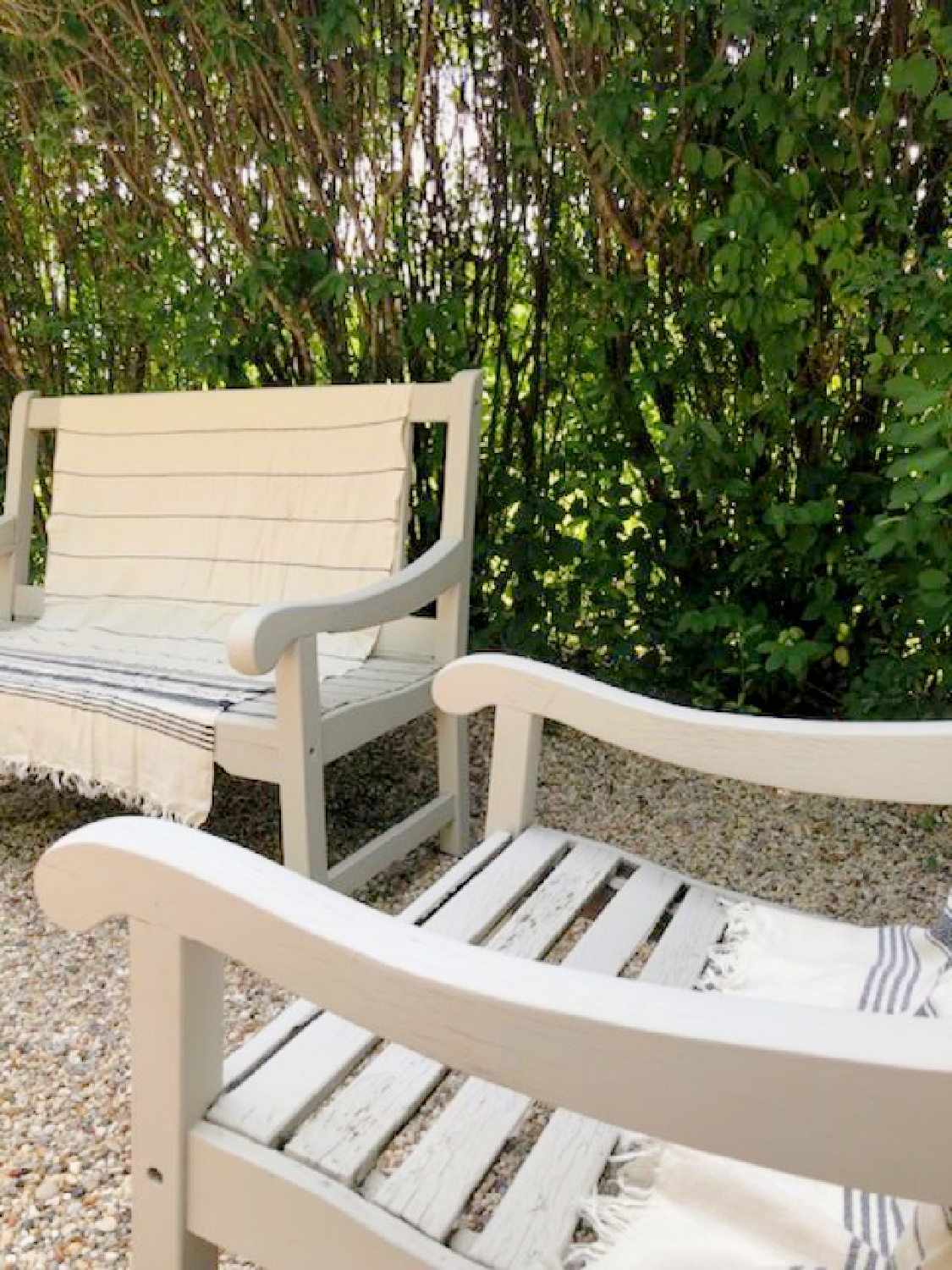 Turkish towel (Thriae) with charcoal stripes on my bench and chair in the courtyard - Hello Lovely Studio. #turkishtowels