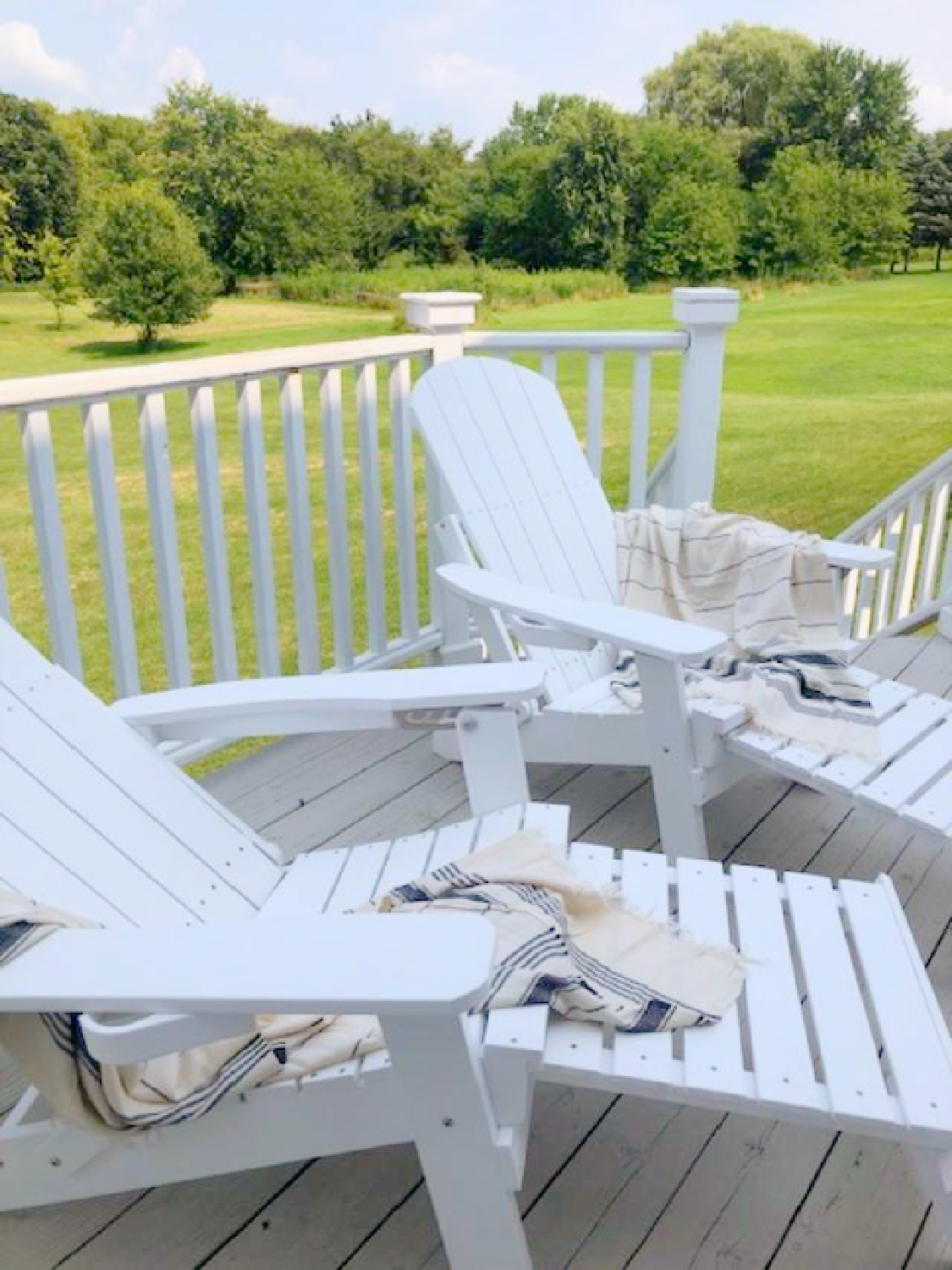 Turkish towel (Thriae) with charcoal stripes on my Adirondack chairs on deck - Hello Lovely Studio. #turkishtowels