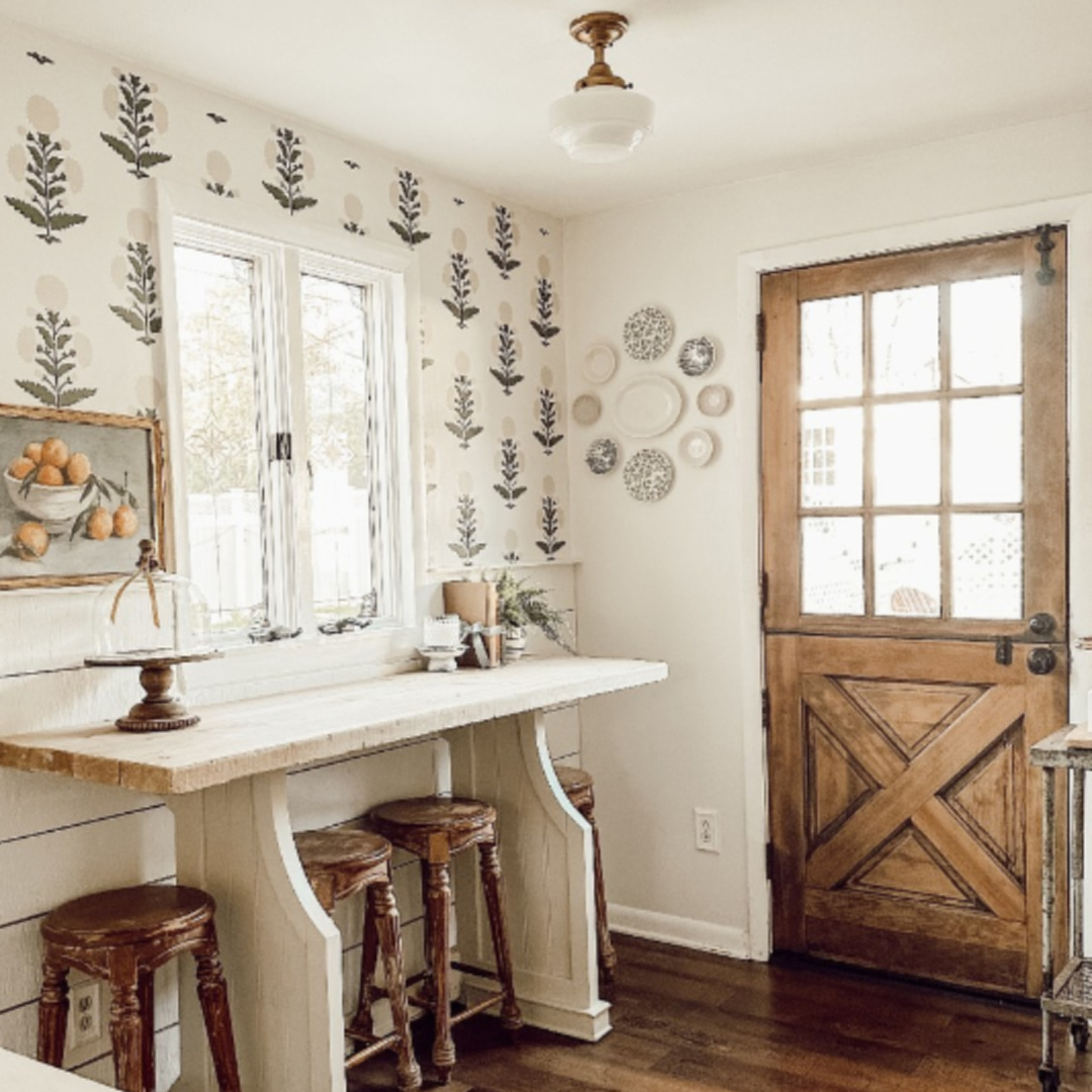 Beautiful block printed stencil (Nadia from Royal Designs) in a neutral colored kitchen by @we_dabble. #stenciledwall