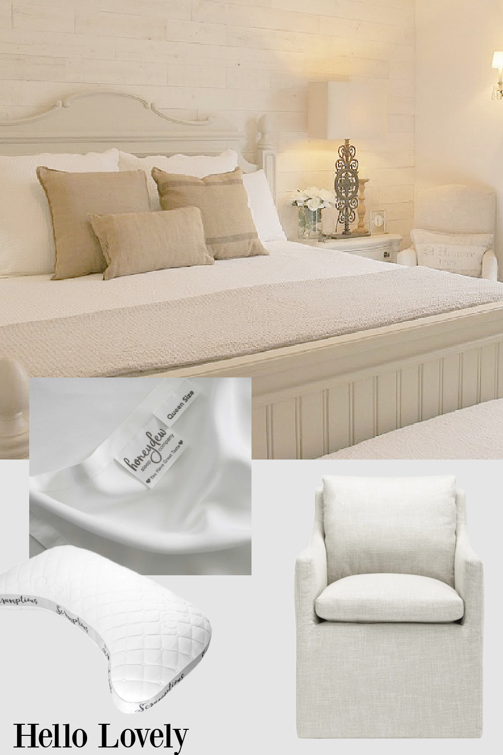 Hello Lovely's calm bedroom resources on a mood board.