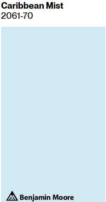 Benjamin Moore CARIBBEAN MIST blue paint color swatch. #turquoisepaintcolor #benjaminmoorecaribbeanmist