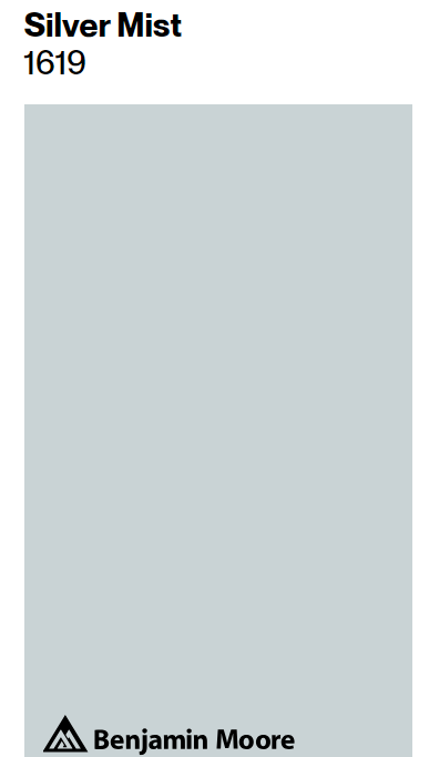 Benjamin Moore Silver Mist paint color swatch. #calmbluepaintcolors #benjaminmooresilvermist