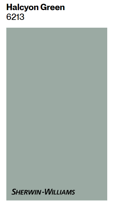 Sherwin Williams Halcyon Green paint color swatch. #sherwinwilliamshalcyongreen