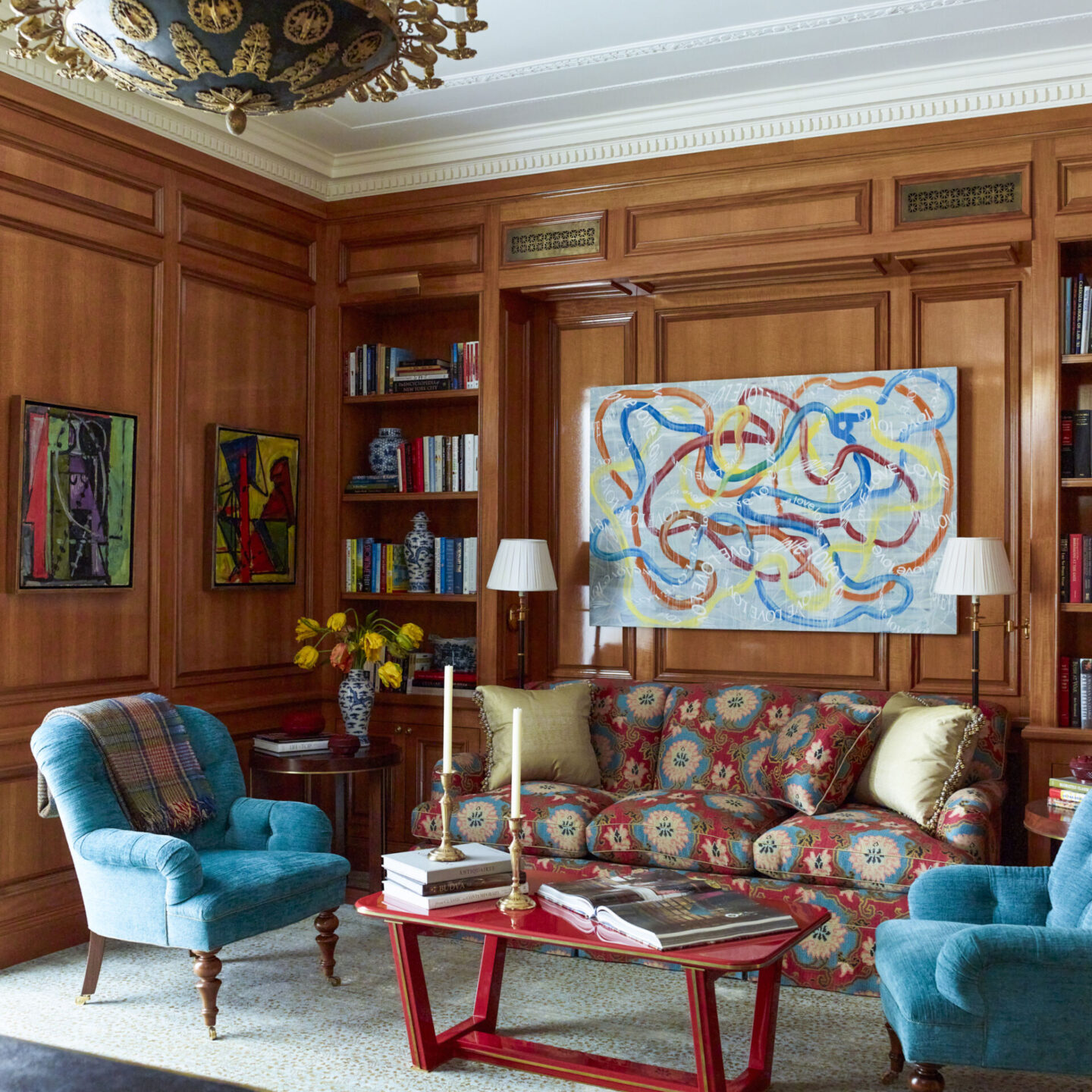 Elegant paneled interior with blue accents featured in CULLMAN & KRAVIS INTERIORS Lee Cavanaugh, Sarah Ramsey, Alyssa Urban (Rizzoli, 2024).