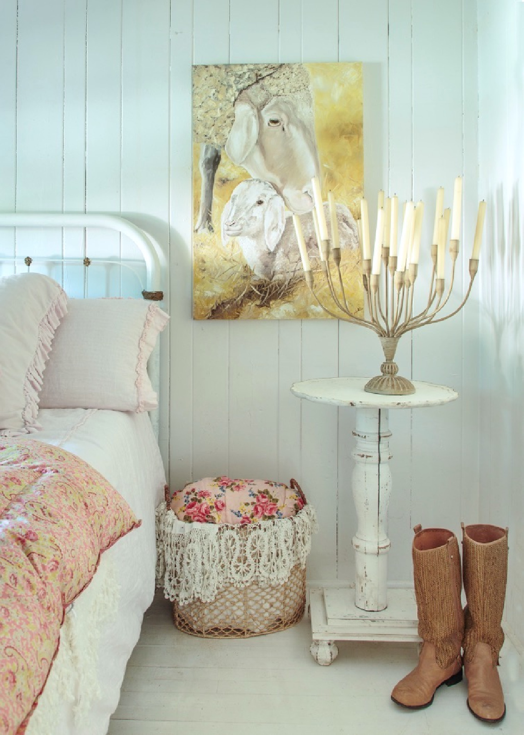 Serene white cottage bedroom in Fifi O'Neill's romantic Florida cottage with white shiplap. #coastalcottage #cottagebedroom #romanticdecor