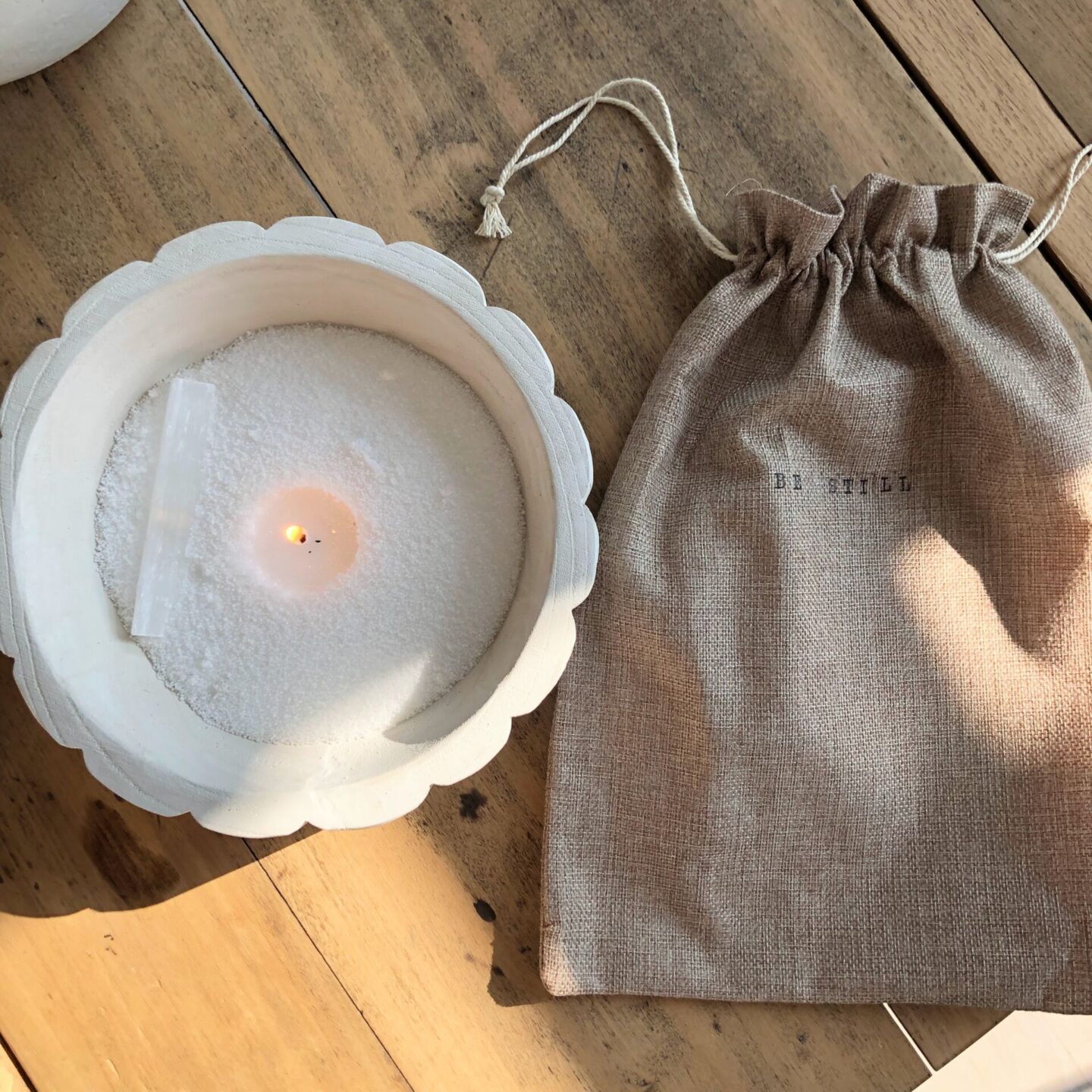 Be Still Candle - Moment Kit on my dining room table with burlap pouch - Hello Lovely Studio.