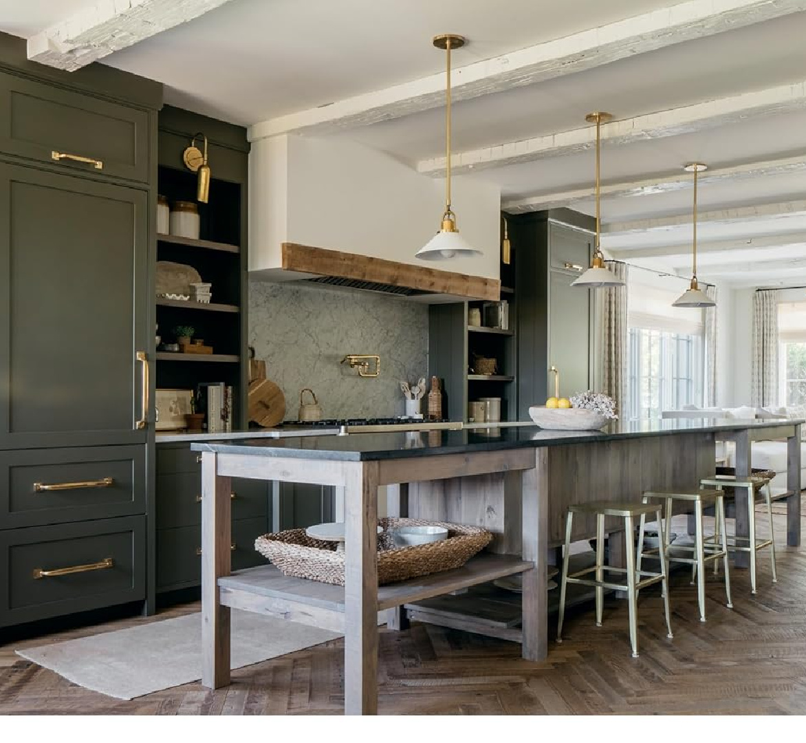 Green kitchen. Lovely, light, modern traditional design from Kate Marker in THE LOVE OF HOME (Gibbs Smith, 2024). #katemarkerinteriors