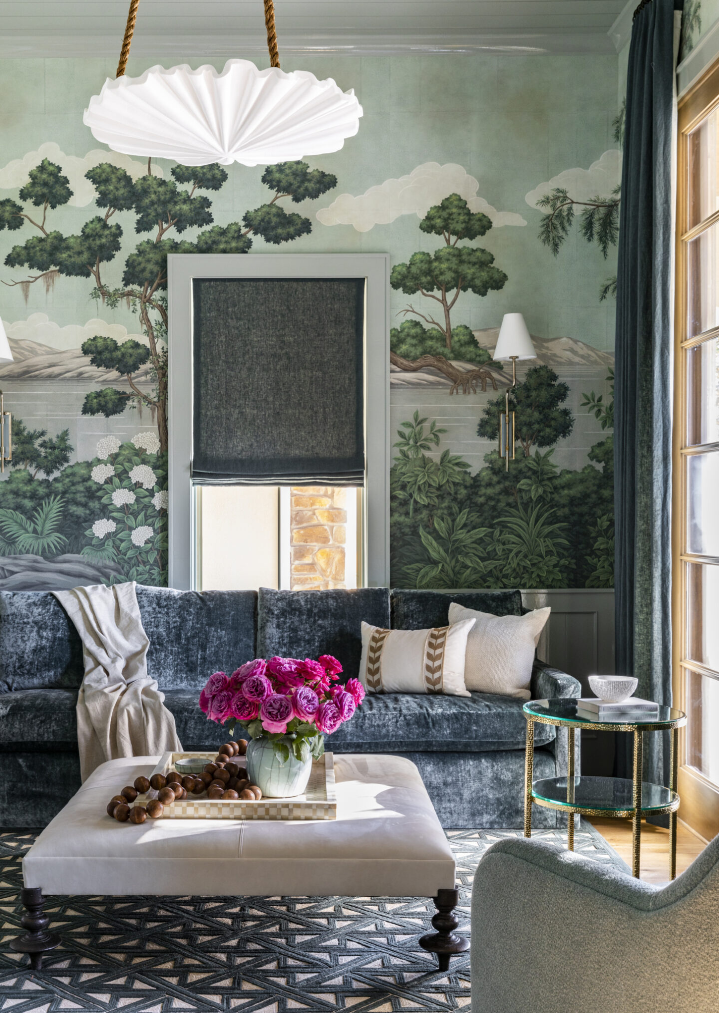 Marie Flanigan elegant living space with Gracie wallpaper and blue velvet sofa - in THE PERFECT ROOM (Rizzoli, 2024). #marieflanigan #graciewallpaper