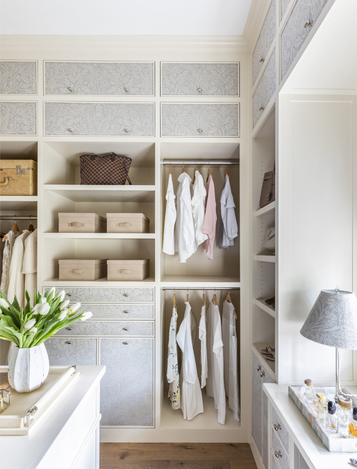 Serene bespoke designed closet dressing room by Marie Flanigan for THE PERFECT ROOM (Rizzoli, 2024).