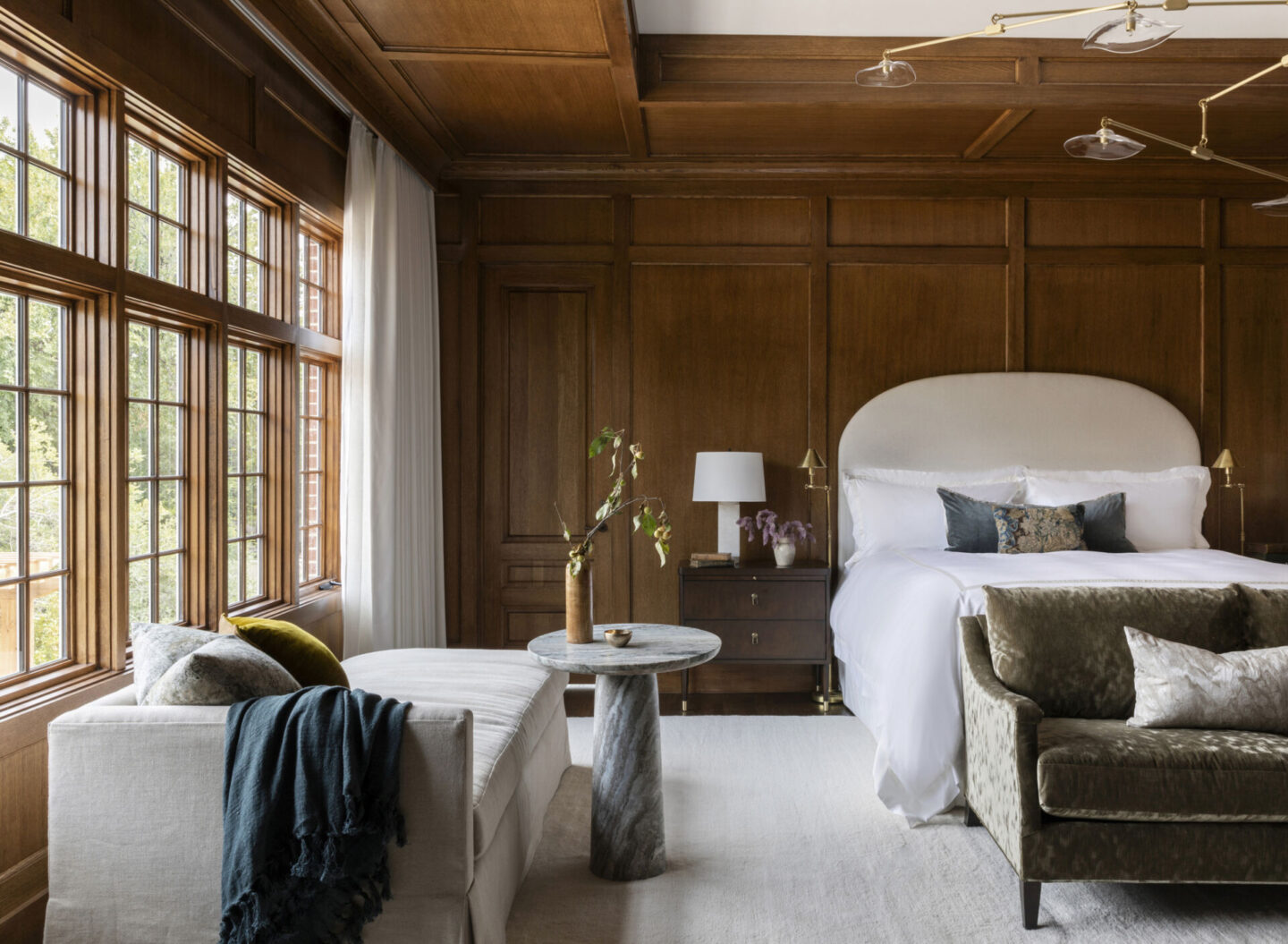 Marie Flanigan designed serene bedroom with paneled walls and timeless velvet and linen furnishings in THE PERFECT ROOM (Rizzoli, 2024).