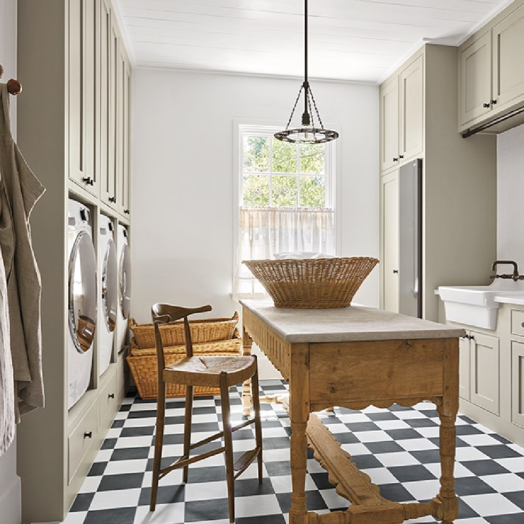 Timeless light filled laundry room in Milieu Showhouse 2020 with design by Jennifer Hamelet (Mirador Builders) and Shannon Bowers. #checkeredfloor