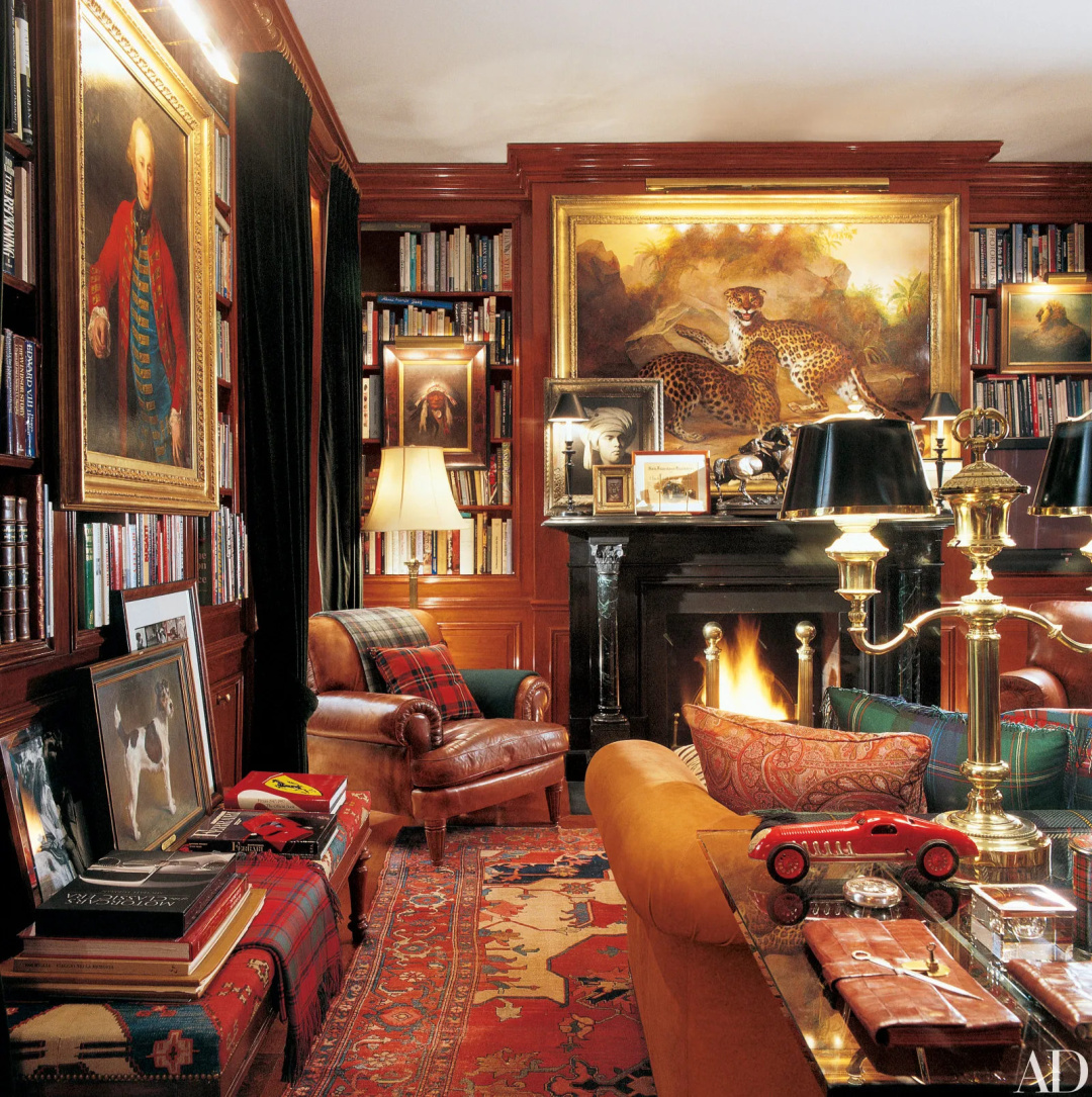 Dark academia aesthetic and maximalist vibes in Ralph Lauren's cozy handsome den in Bedford - AD. #ralphlauren #darkacademia #americanclassic #cozyrooms