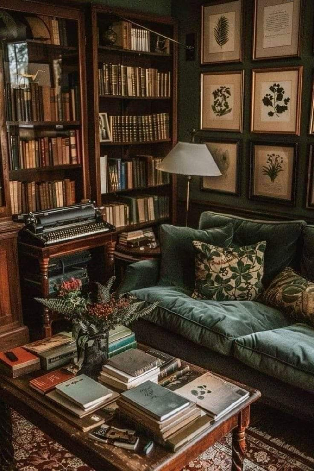 Dark academia cozy library with green sofa and typewriter along with shelves of books and a moody vibe. Via Judith Sugg. #darkacademia