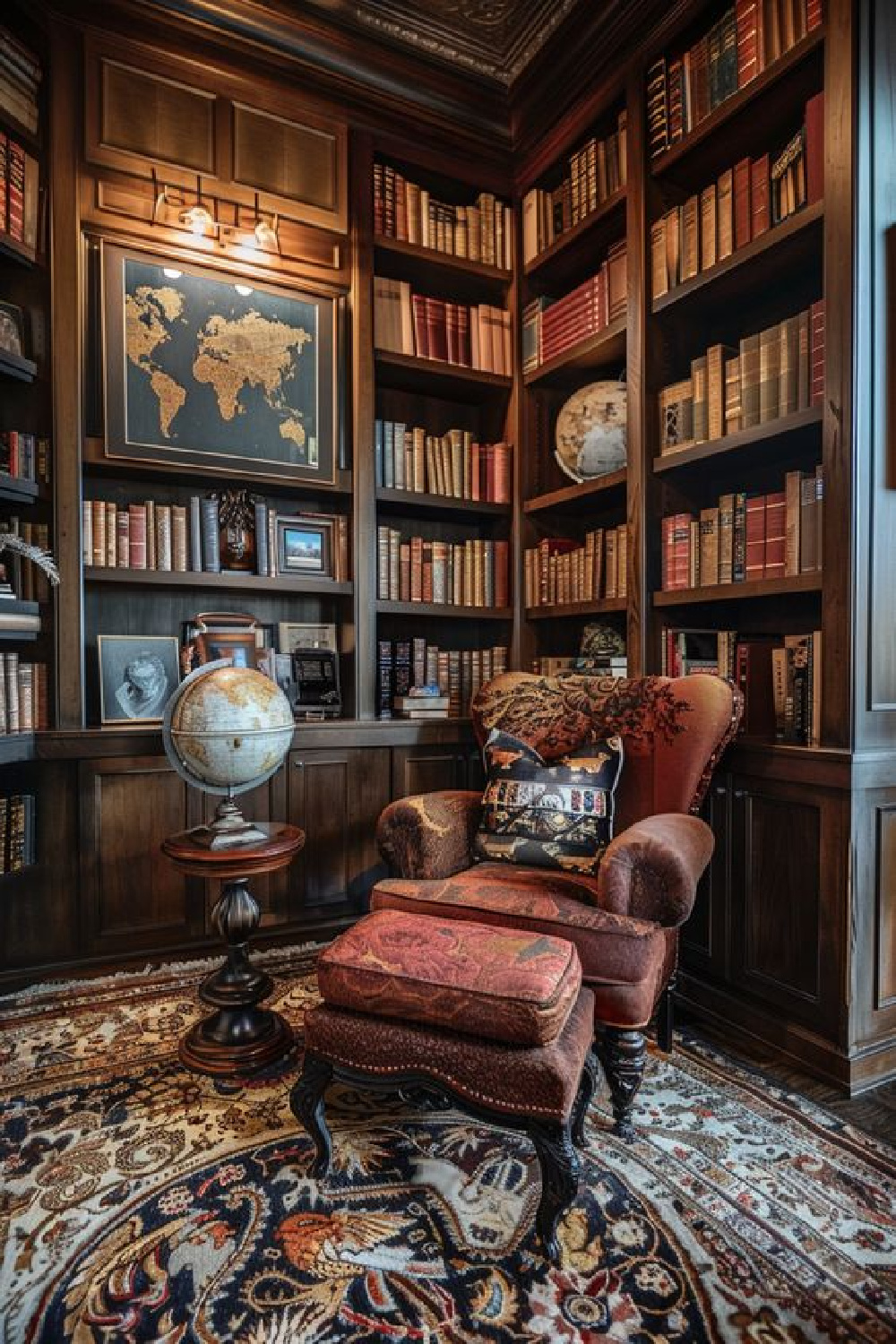 Dark academia aesthetic with shelves of old books, club chair, globe, and moody Old World style AI design @housediamond. #darkacademia