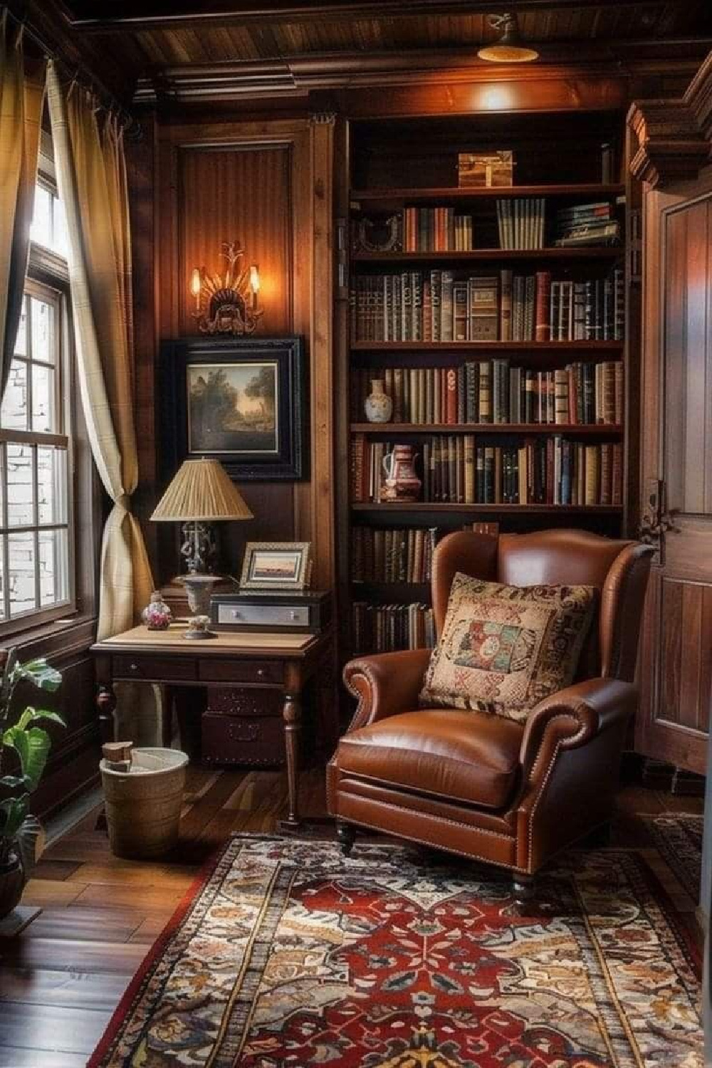 Dark academia aesthetic with Ai designed image of dark wood shelves, books, leather wingback chair and cozy moody study style. Via @marianarobidoux #darkacademia