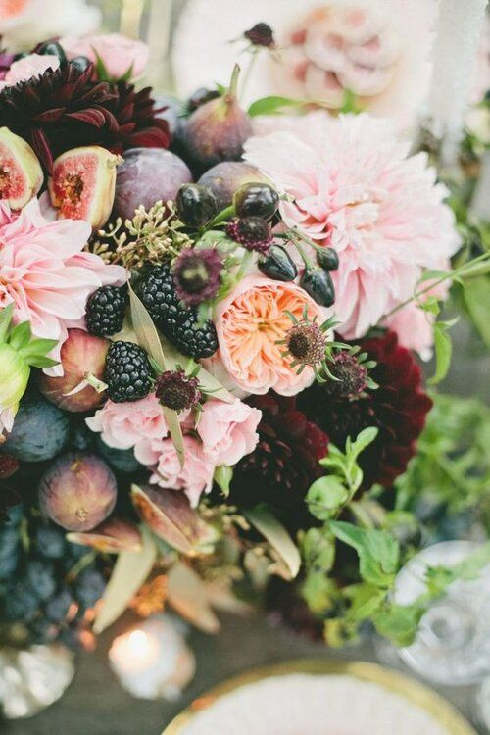 Fall floral centerpiece with pink, blue, and bergundy - Ivory and Beau. #fallcenterpiece #fallflorals