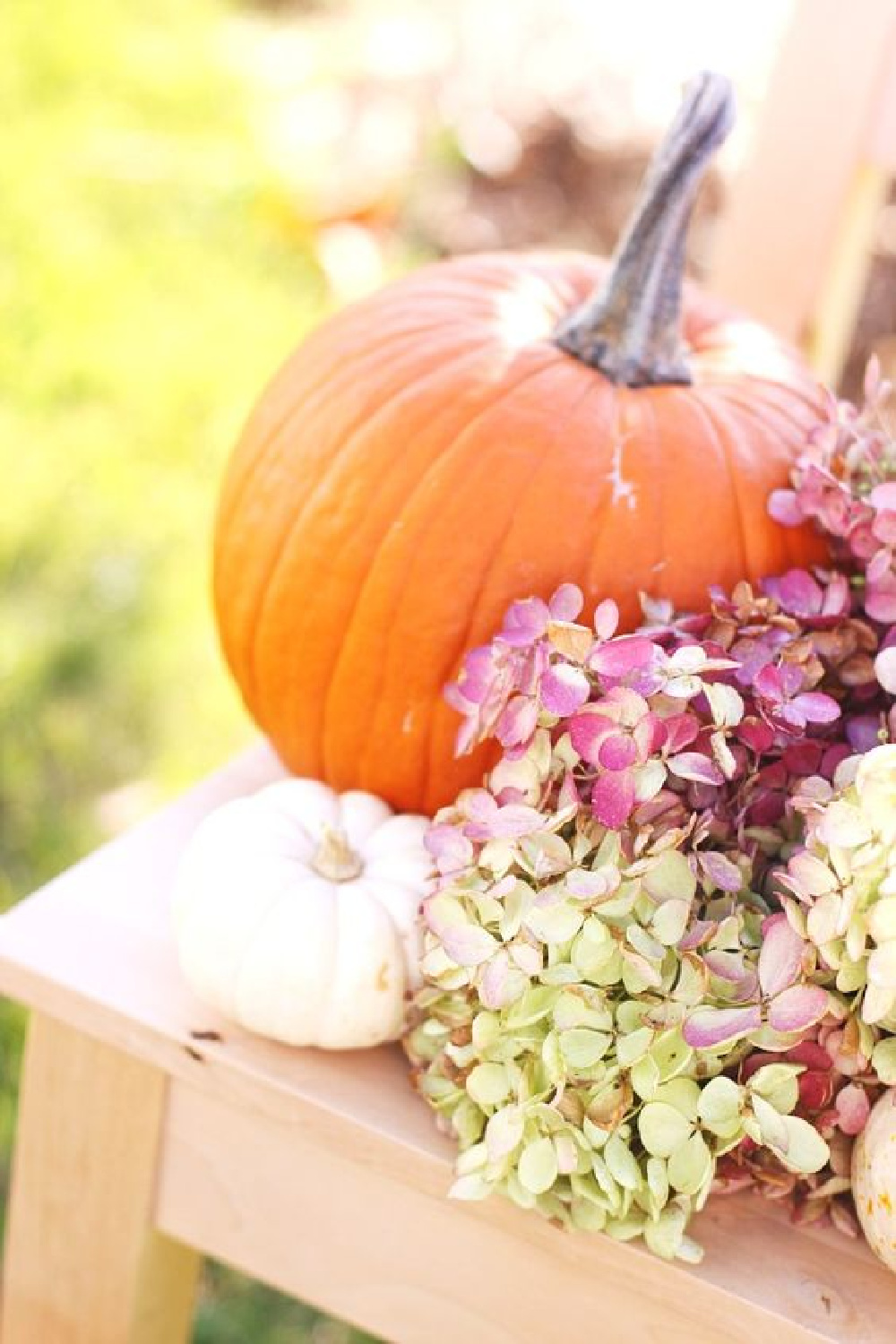 Fall floral centerpiece with pumpkins and hydrangea - via Lara Sheleheda. #falldecor #fallflorals