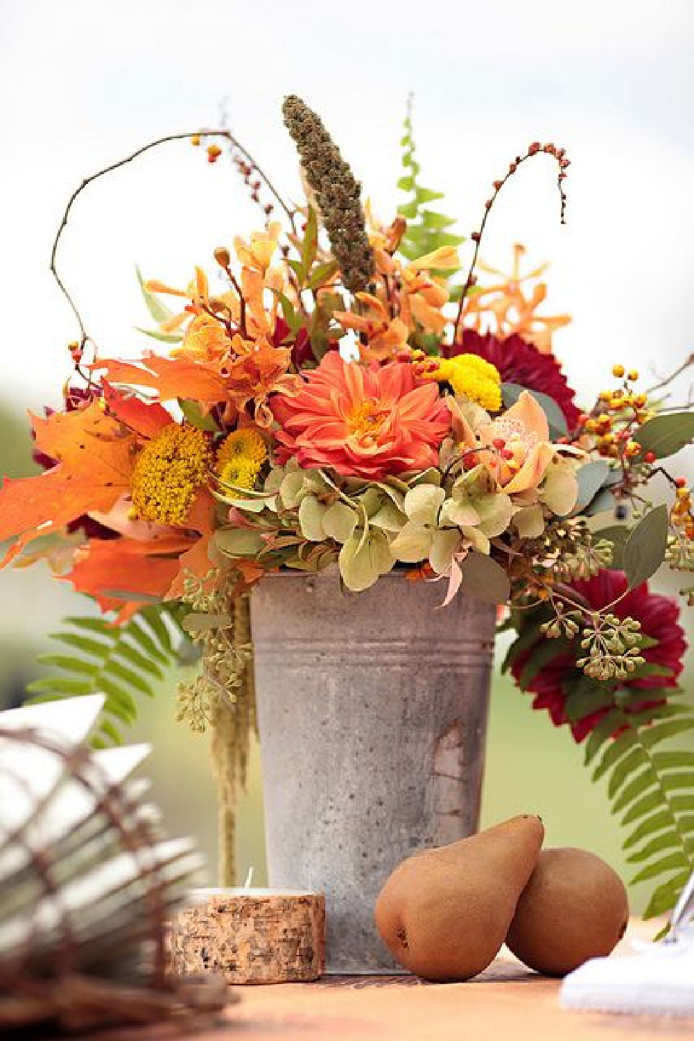 Rustic fall floral arrangement in zinc vase - Rosemary-Thyme. #fallflorals #fallcenterpiece