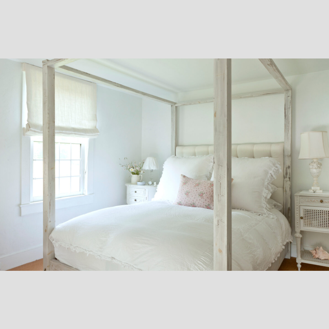 Rustic white country bedroom with poster bed - Fifi O'Neill SHADES OF WHITE. #whitebedrooms #whitecountrystyle