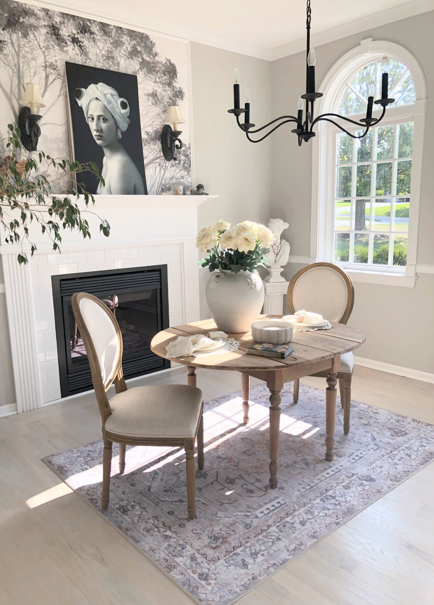 Hello Lovely's modern French dining room (SW Repose Gray on walls) with washable area rug (My Magic Carpet - Sofia Neutral). #mymagiccarpet #washablerugs #arearugs