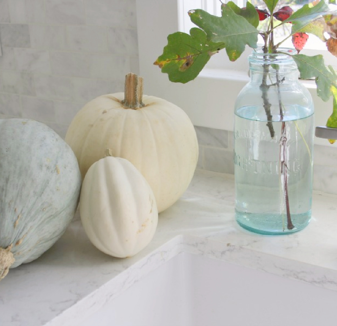 Gentle autumn colors of fall squash on my kitchen counter (Viatera Minuet quartz) - Hello Lovely. #viateraquartz #modernfrench #fallkitchen #hellolovely